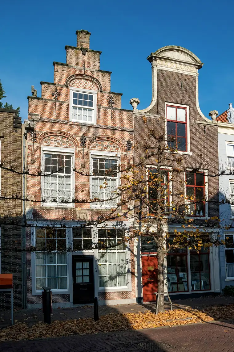 Historische Dordtse gevels met trapgevel en klokgevel aan een straat met herfstblad.